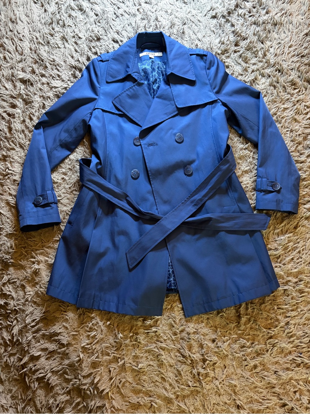 DKNY blue double breasted belted trench coat sz S